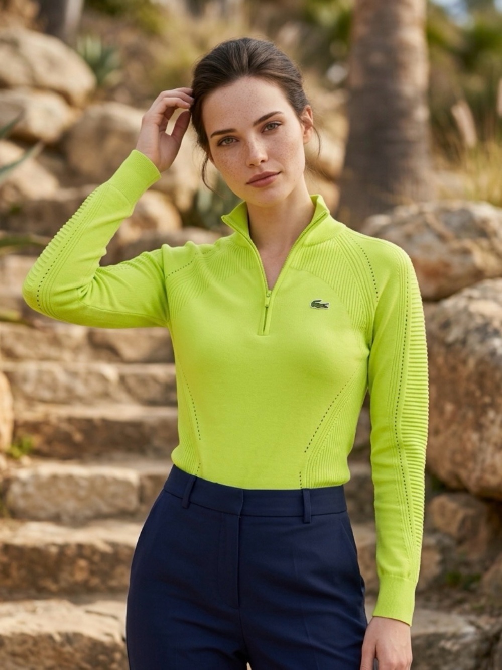 Lacoste Women’s Neon Lime Zip Neck Sweater Size 36 / US 4-XS